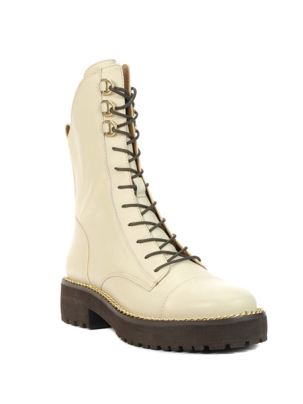 Sam Edelman Lenley Cream Lace-Up Platform Combat Boot with Gold Chain Trim